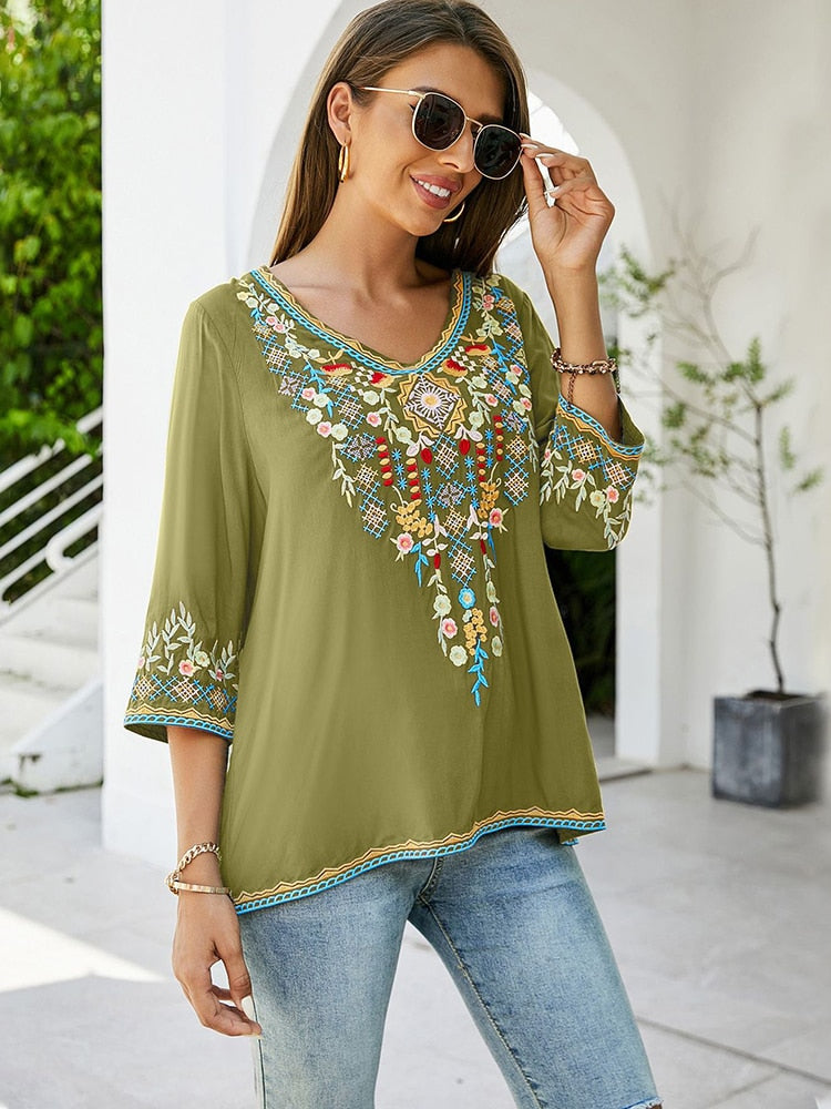 Mexican Embroidered Blouse Shirts for Women Boho Tops and Blouses