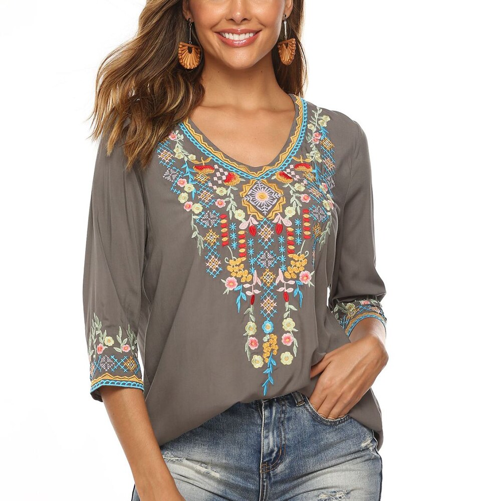 Full Circle Yoga School Boho Floral Embroidery Mexican Blouse Shirts